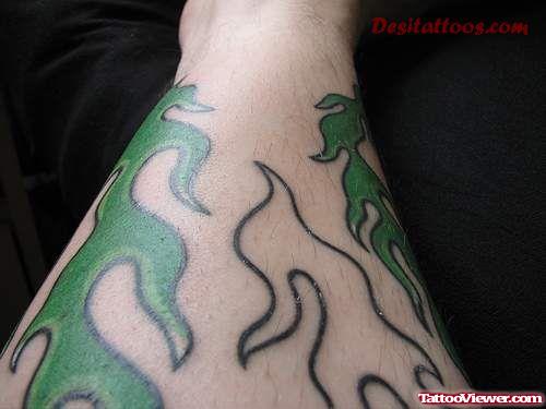 Outline And Green Flames Tattoo