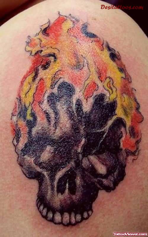 Fire n Flame Skull Tattoo On Shoulder