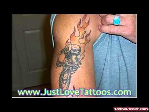 Fire Flame Skull Tattoo On Right Shoulder