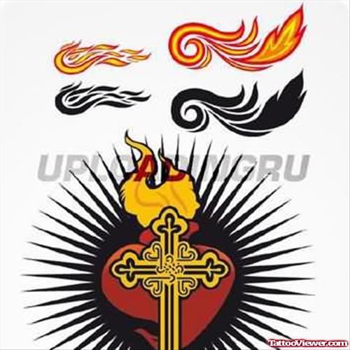 Cross and Fire n Flame Tattoo Design