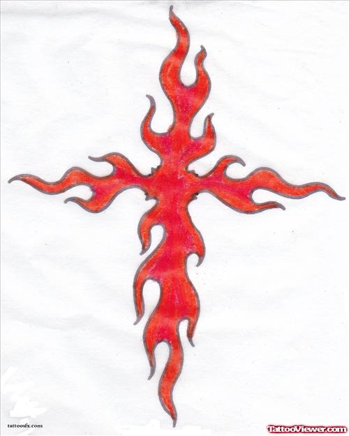Red Ink Tribal Cross Fire n Flame Tattoo Design