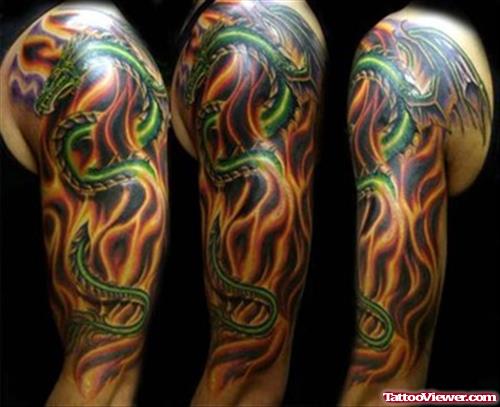 Nice Fire n Flame Tattoo On Left Half Sleeve
