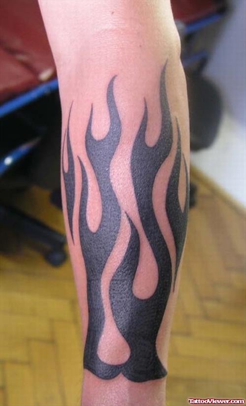 Black Ink Fire n Flame Tattoo On Leg