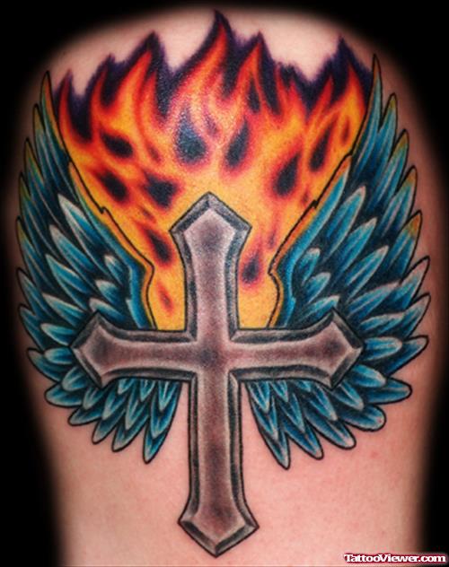 Winged cross With Fire and Flame Tattoo