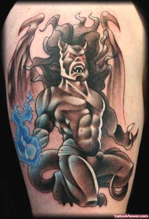 Grey Ink Demon With Fire And Flame Tattoo On Half Sleeve
