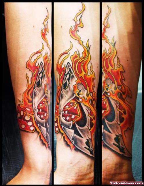 Flaming Card Tattoo On Sleeve
