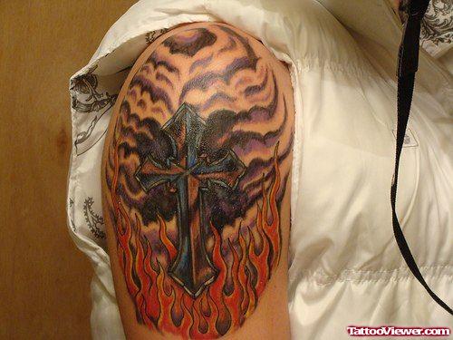 Cross In Fire and Flame Tattoo On Shoulder