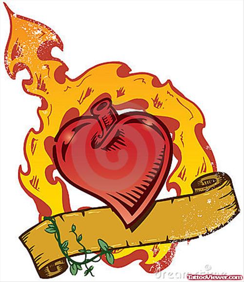 Banner And Flaming Heart Tattoo Design