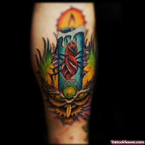 Owl and Fire Flame Candle Tattoo