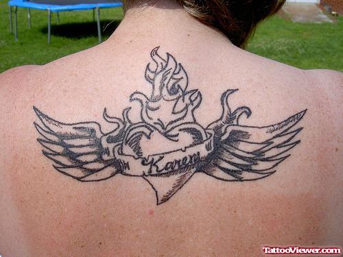 Grey Ink Winged Heart Fire n Flame Tattoo On Upperback