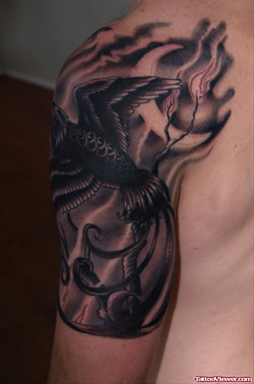 Grey Ink Flying Bird In Flames Tattoo On Half Sleeve