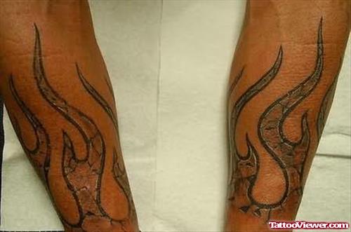 Grey Ink Fire n Flame Tattoos Designs On Both Arms