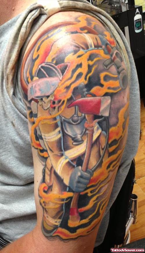 Flaming Firefighter Tattoo On Half Sleeve