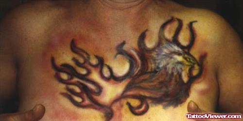 Eagle Head In Fire Flame Tattoo On Chest