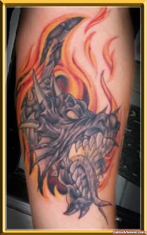 Dragon With Fire and Flame Tattoo
