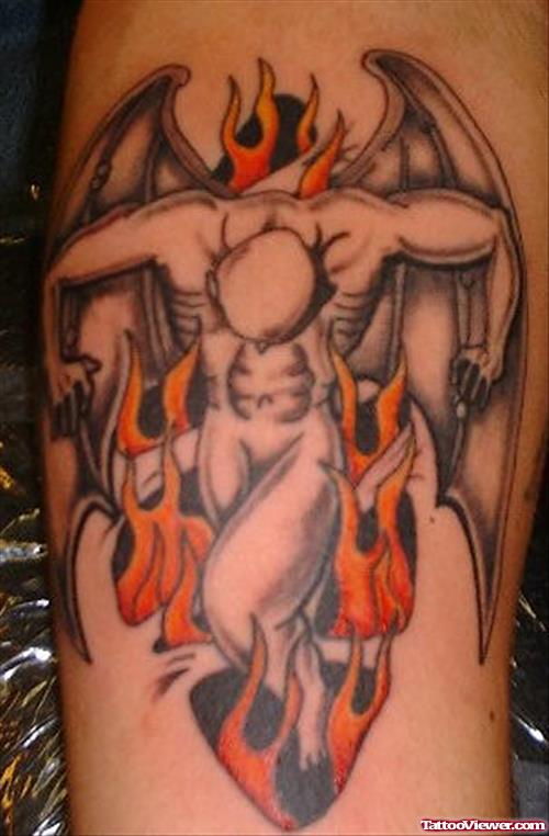 Grey Ink Gargoyle Fire n Flame Tattoo