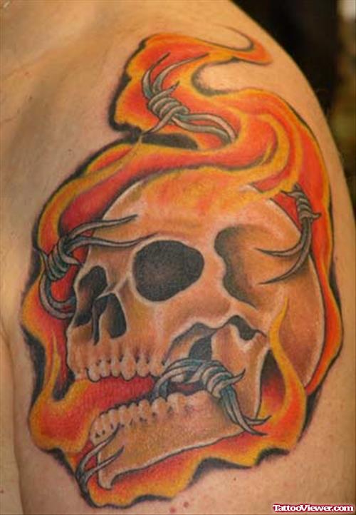 Flaming Skull Tattoo On Left Shoulder