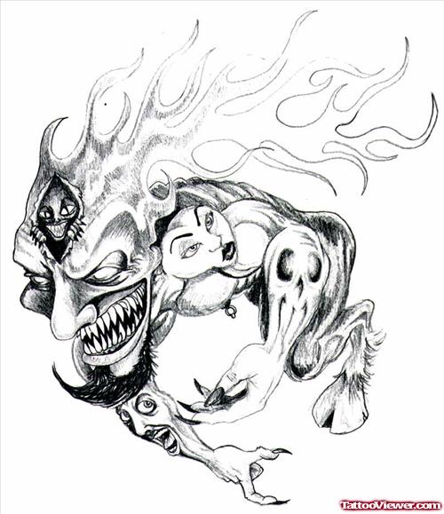 Fire n Flame Gargoyle Tattoo Design