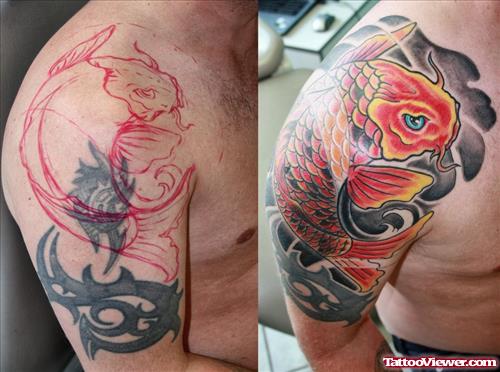 Cover Up Fire And Flame With Koi Fish Tattoo