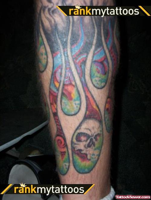 Colored Flames Tattoo On Leg