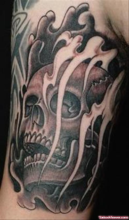 Grey Ink Skull Fire n Flame Tattoo On Half Sleeve