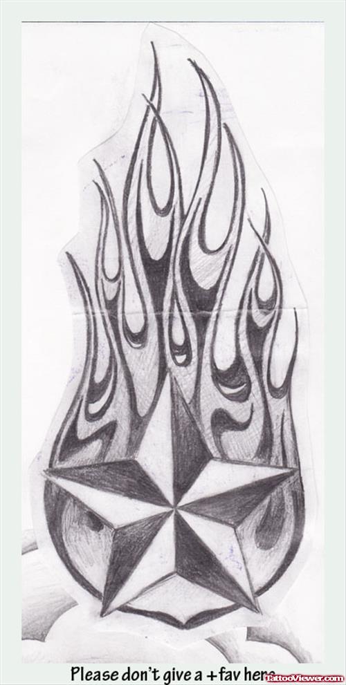 Grey Ink Nautical Star Fire And Flame Tattoo Design