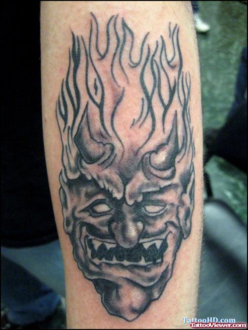 Grey Ink Fire n Flame Tattoo On Leg