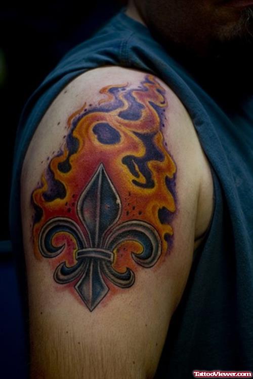 Flaming Fleur De Lis Tattoo On Shoulder