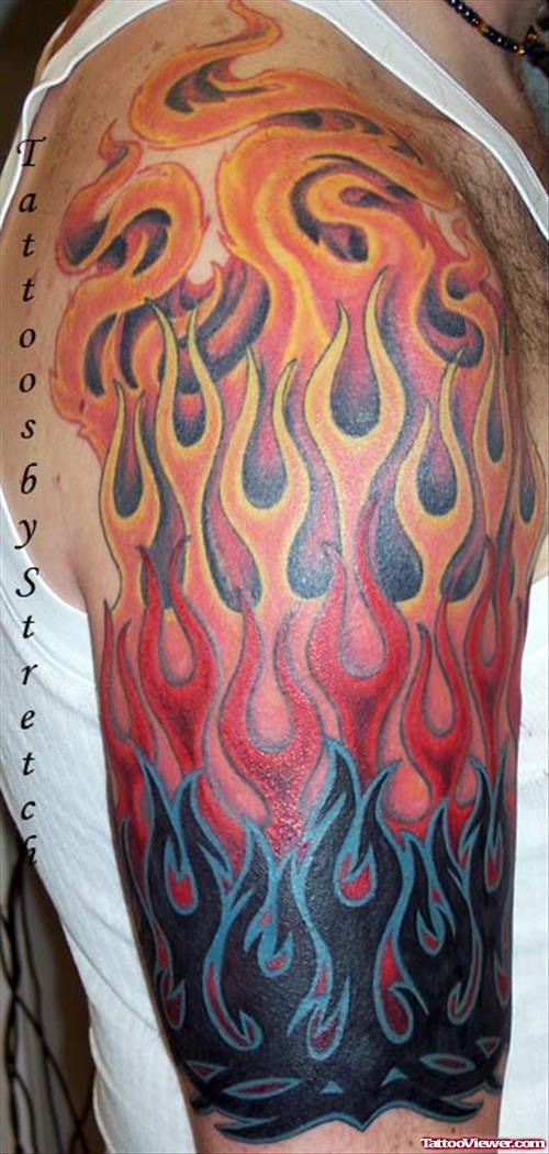 colored Fire n Flame Tattoos On Half Sleeve