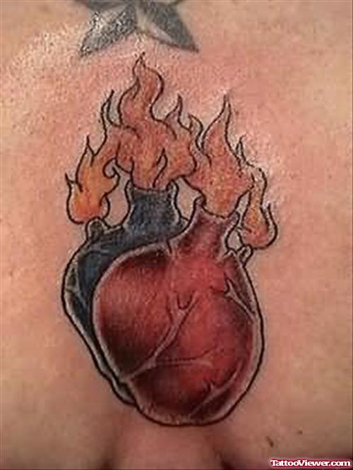 Sacred Heart Volves Fire n Flame Tattoo On Chest