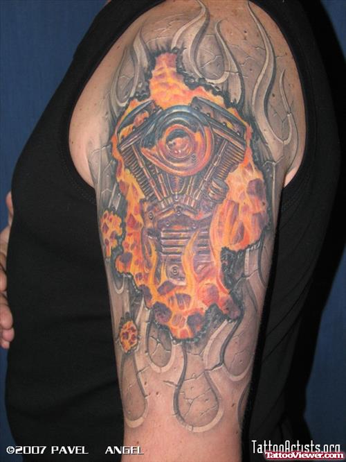 New Fire n Flame Tattoo On Left Half Sleeve