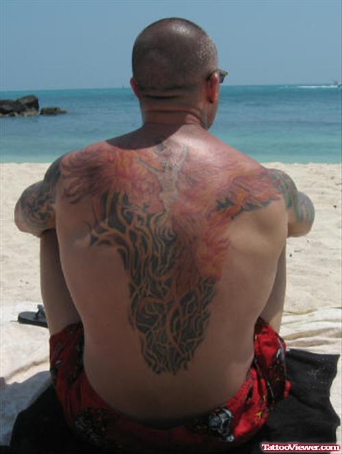 Man Back Body Fire Flame Tattoo