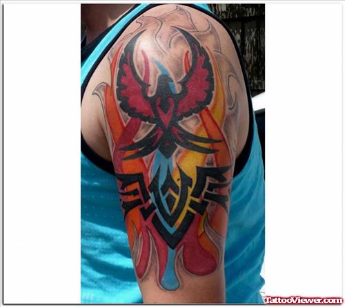 Flying Bird Fire And Flame Tattoo On Half Sleeve