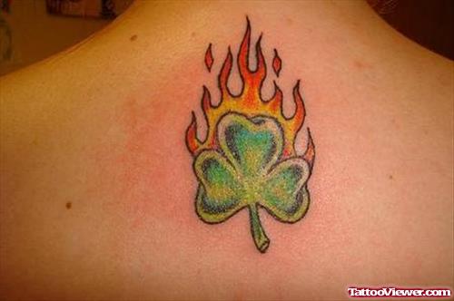 Flaming Clover Leaf Fire n Flame Tattoo On Upperback