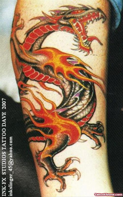 Colored Dragon With Fire n Flame Tattoo On Sleeve