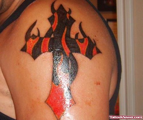 Black And Red Ink Fire And Flame Tattoo On Shoulder