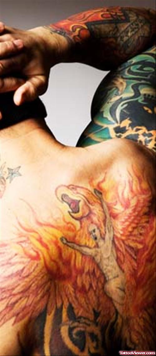 Beautiful Phoenix Fire Flame Tattoo On Back