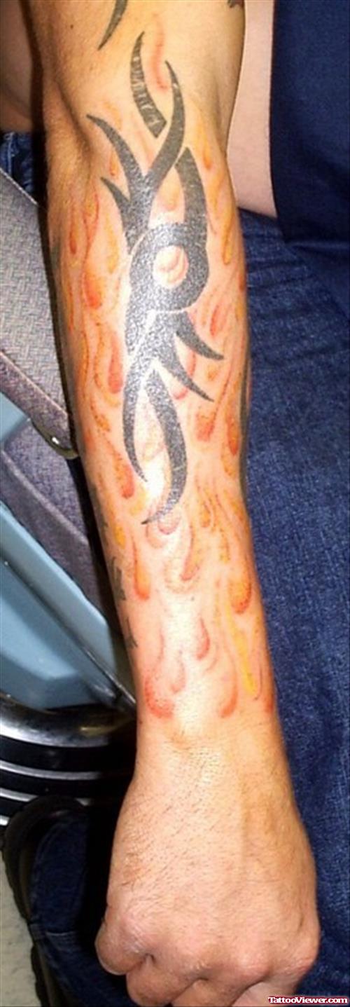 Tribal And Fire n Flame Tattoo On Right Forearm