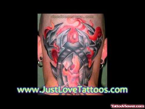 Tribal And Fire Flame Tattoo On Back Head