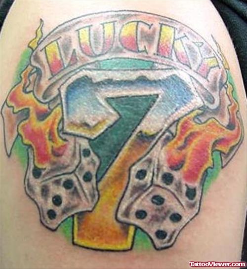 Lucky Seven And Fire Flame Dice Tattoos