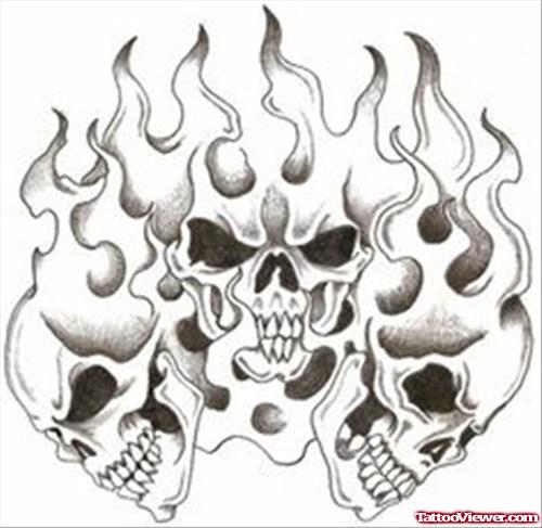 Grey Ink Falming Skulls Fire Flame Tattoo Design