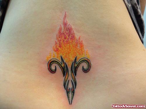 Fire Flame Zries Zodiac Sign Tattoo On Lowerback