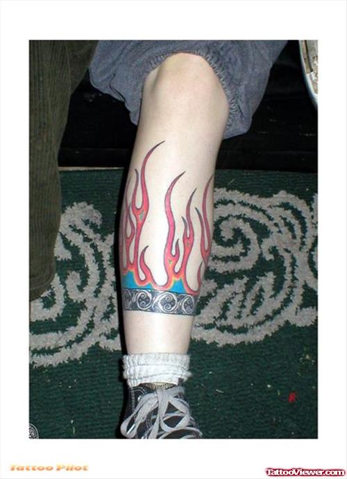 Colored Fire n Flame Tattoo On Leg