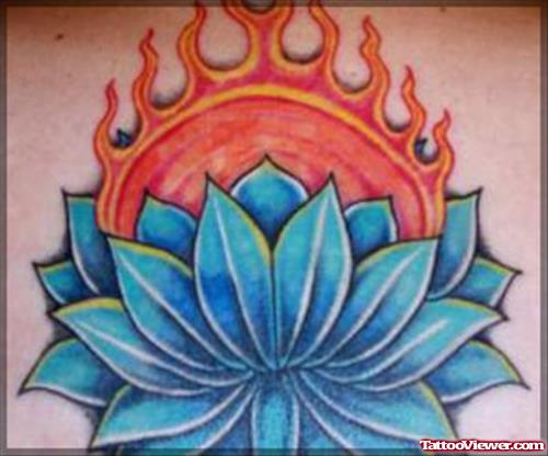 Blue Lotus Flower and Fire Flame Tattoo
