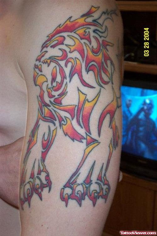 Flaming Lion Tattoo On Half Sleeve