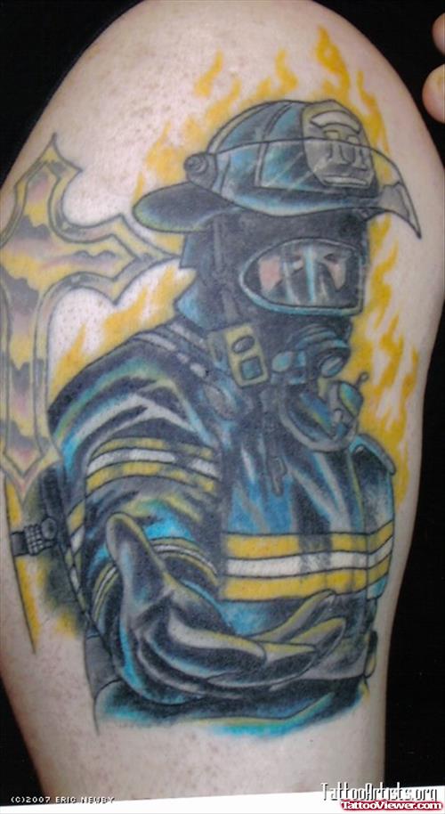Fireman In Flames Tattoo On Shoulder