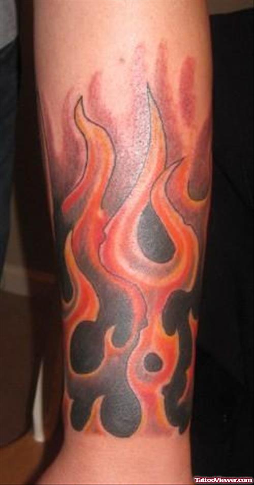 Fire And Flame Tattoo On Left Sleeve