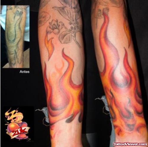 Colored Flames Tattoo On Arm