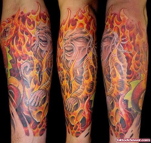 Fish Flame Tattoo On Leg