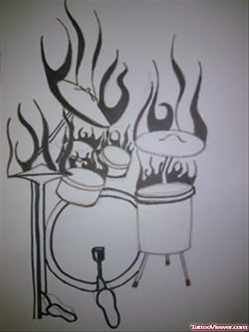 Drum In Flames Tattoo Design